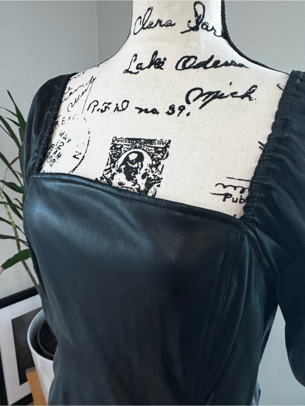 Black Faux Leather Square Neck Top